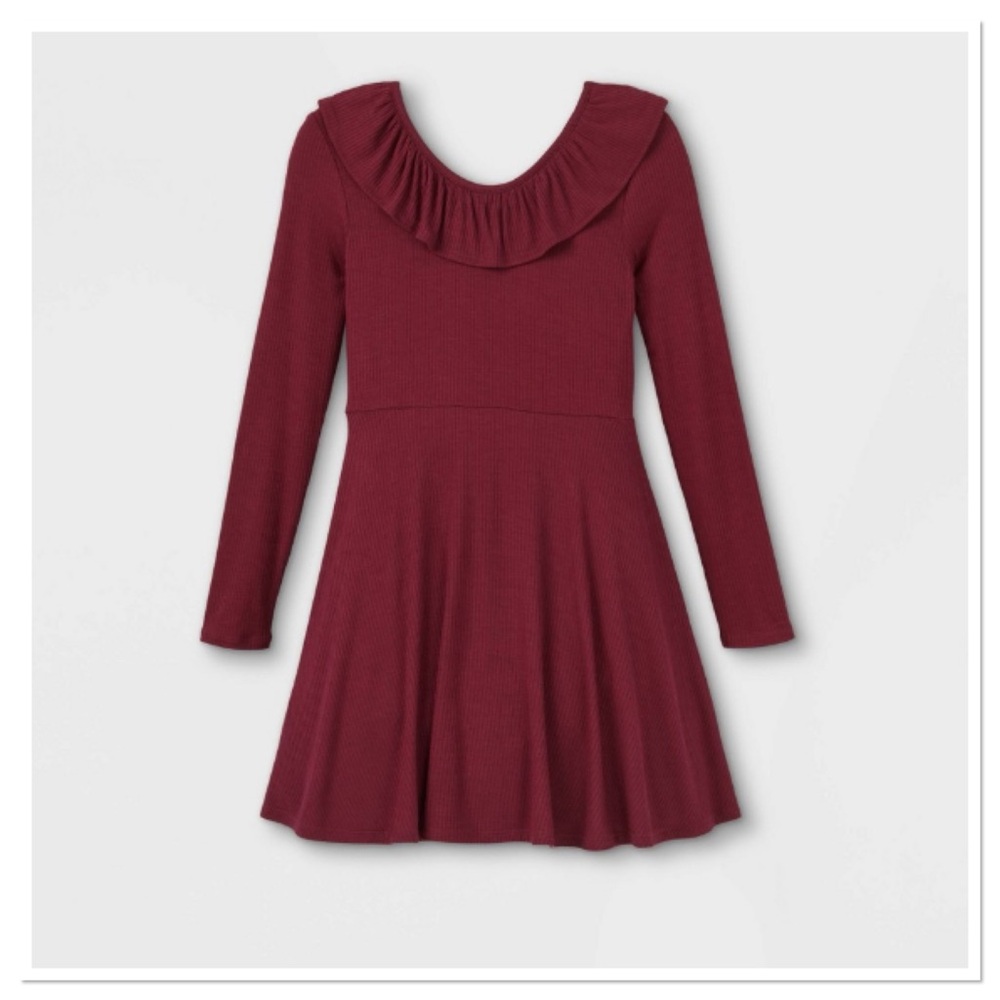 Girl’s Rib Ruffle Neck Long Sleeve Dress art class